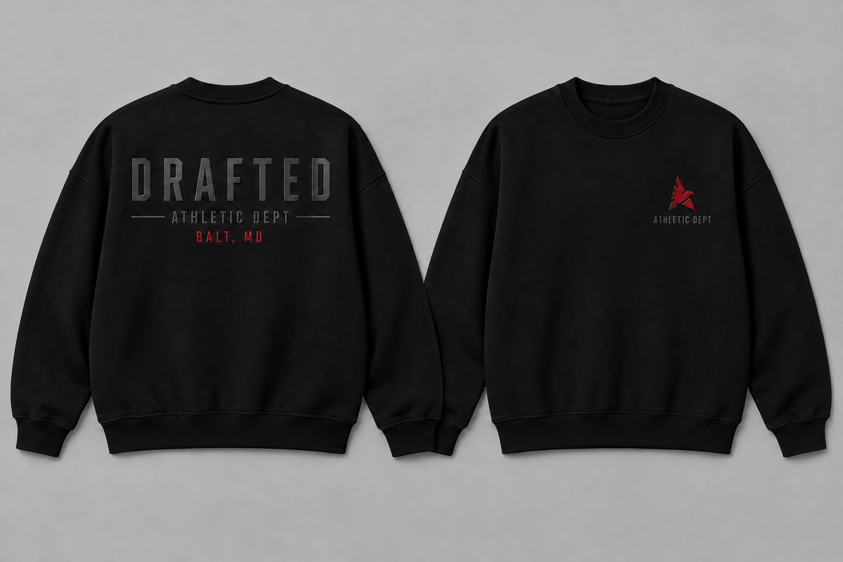 Black Drafted Brand heavyweight sweatshirt with tonal black and red graphics, front and back