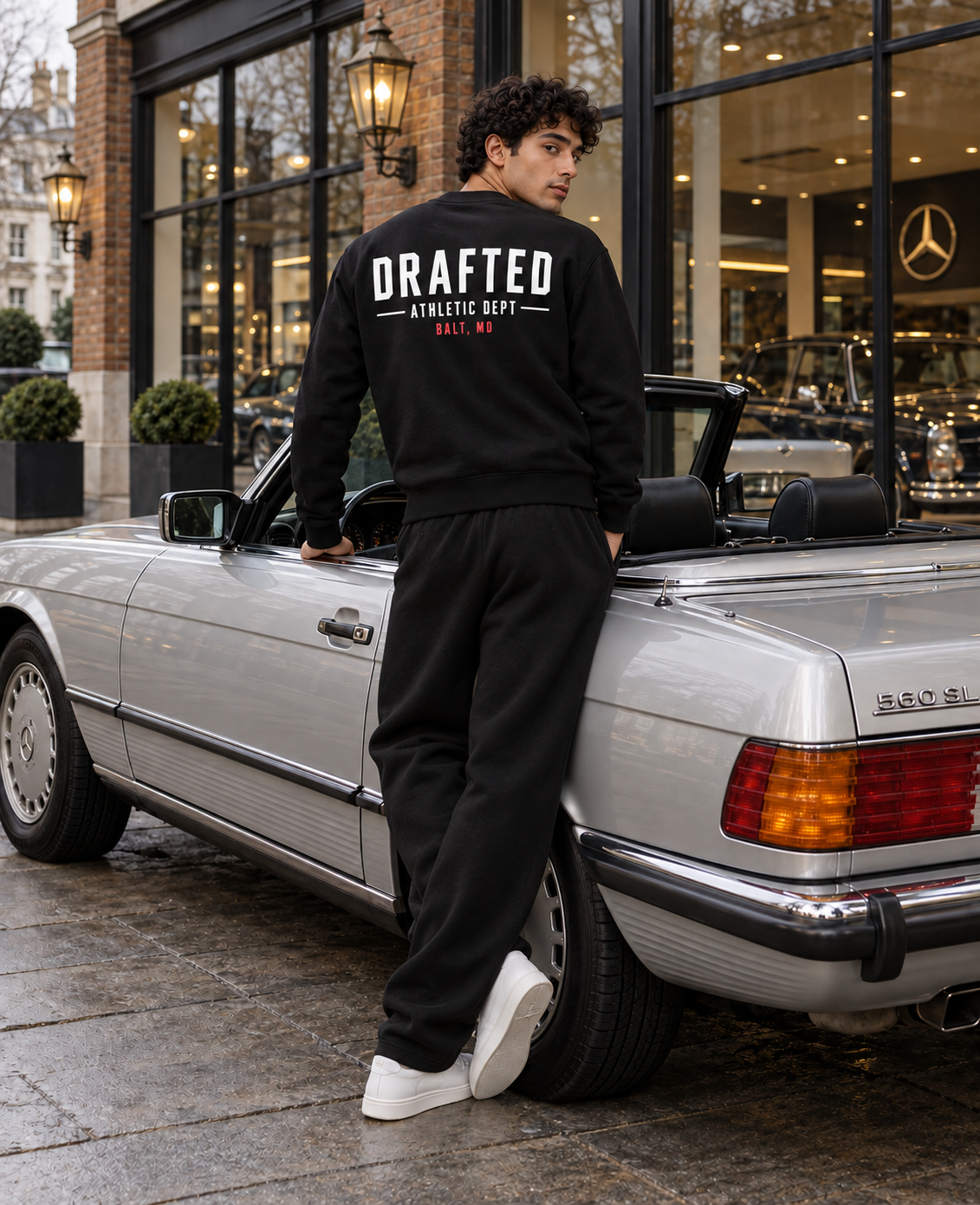 Black Drafted Brand sweatshirt with white and red back print and loose black sweatpants