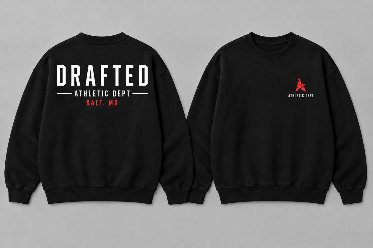 Black Drafted Brand heavyweight sweatshirt with white and red graphics, front and back