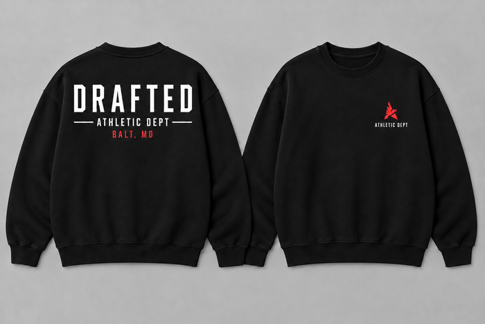 Black Drafted Brand heavyweight sweatshirt with white and red graphics, front and back