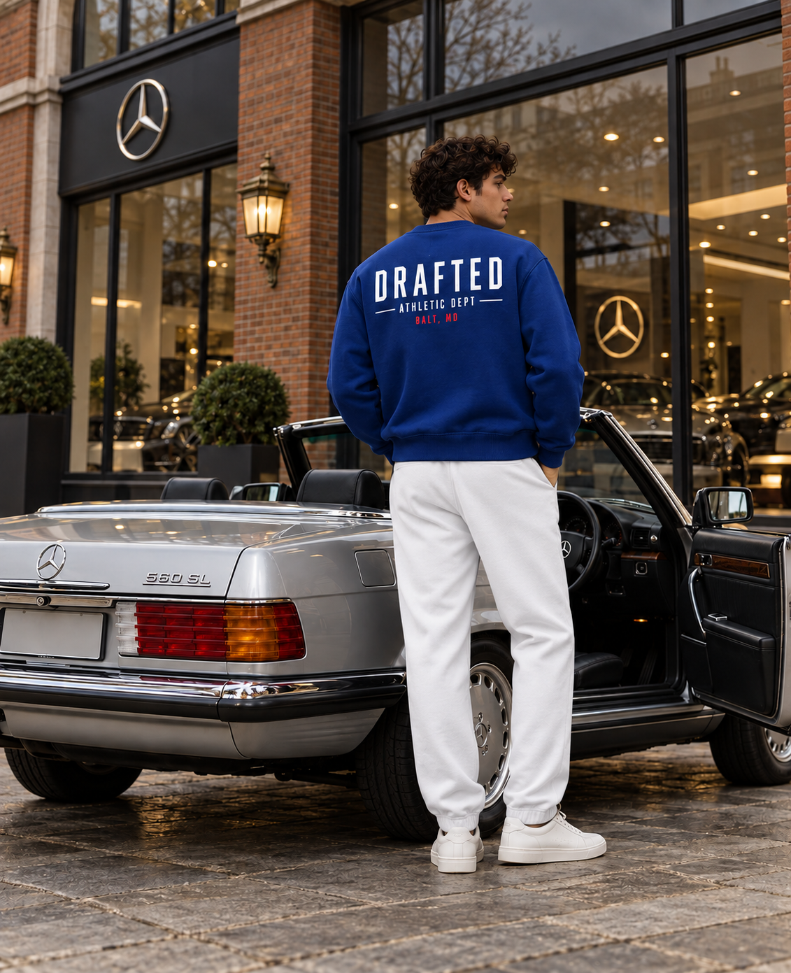 Royal blue Drafted Brand sweatshirt with white and red back lettering and white joggers