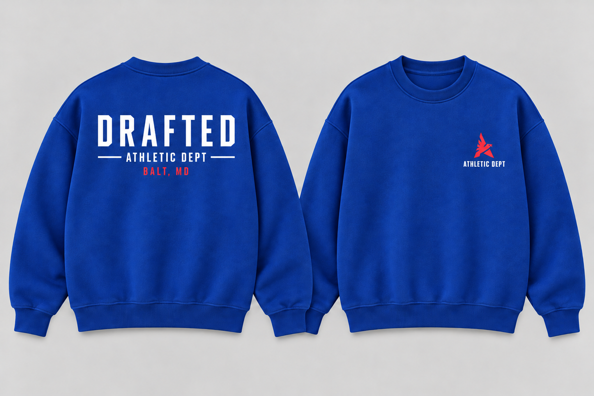 Royal blue Drafted Brand heavyweight sweatshirt with white and red graphics, front and back