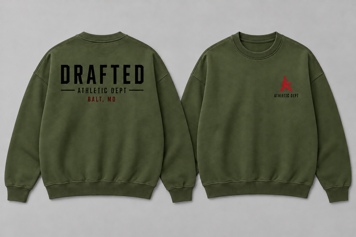 Army green Drafted Brand heavyweight sweatshirt with black and red graphics, front and back