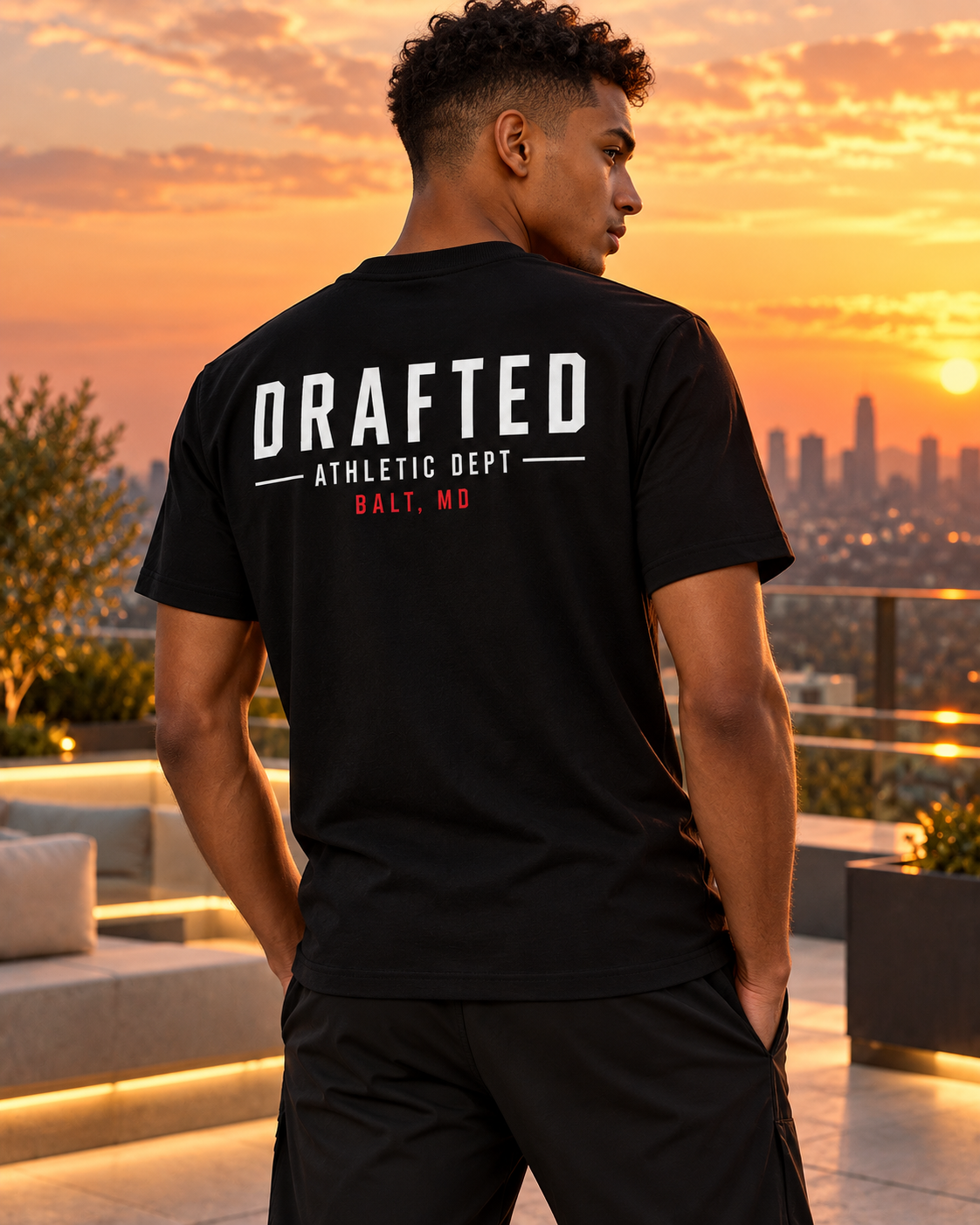 Drafted Brand Tee — male athlete, roof
