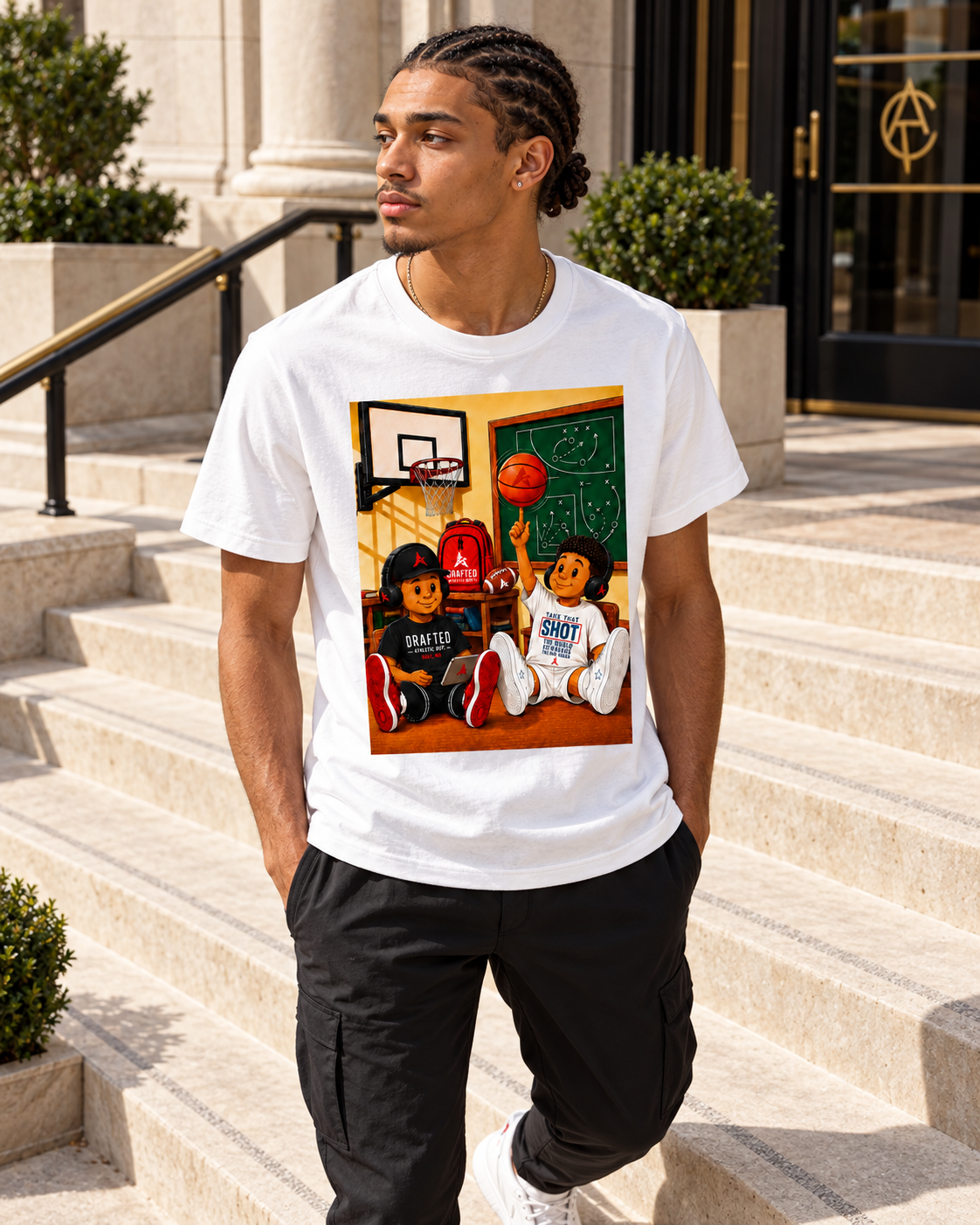 The Draft Class Tee — male athlete, stairs