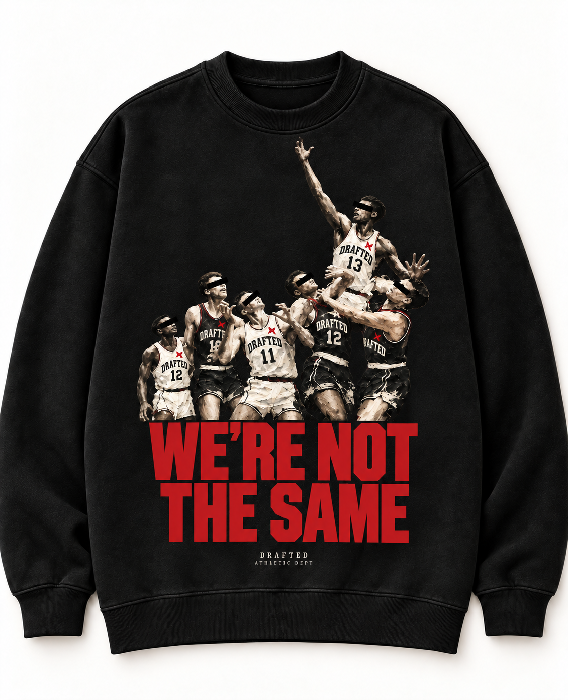 The Drafted Contested black sweatshirt with red block lettering and painted player cutouts
