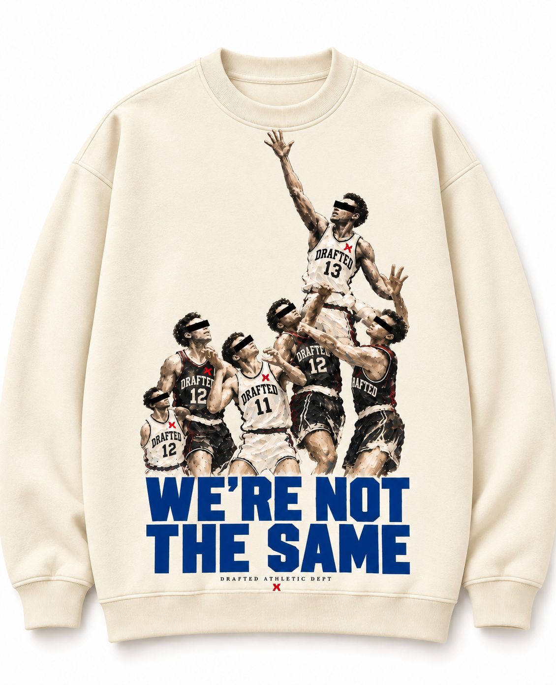 The Drafted Contested warm cream sweatshirt with blue block lettering and painted basketball player artwork