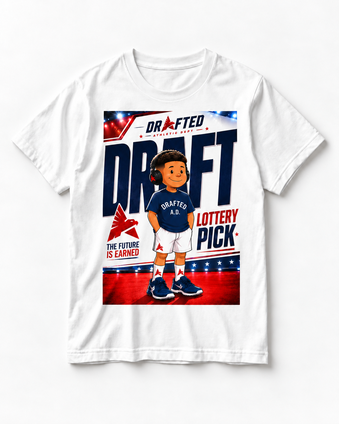 The Drafted Lottery Tee — Vintage Parade standard white tee mockup