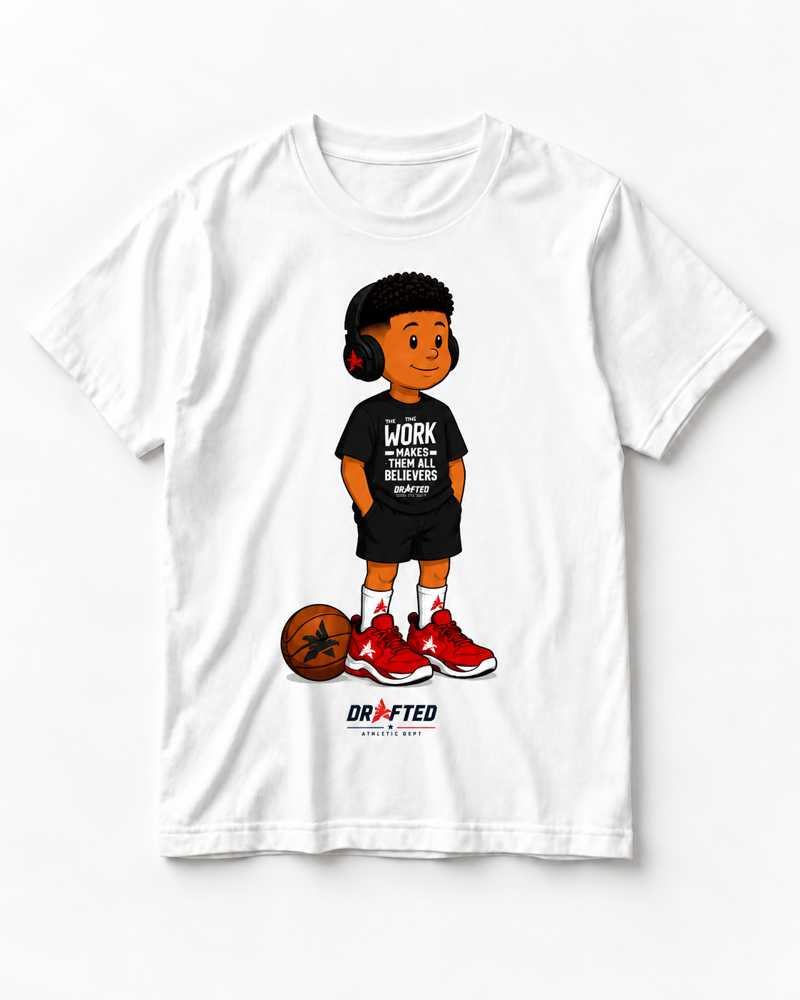 The Drafted Work Cartoon Tee — Vintage Parade standard white tee mockup
