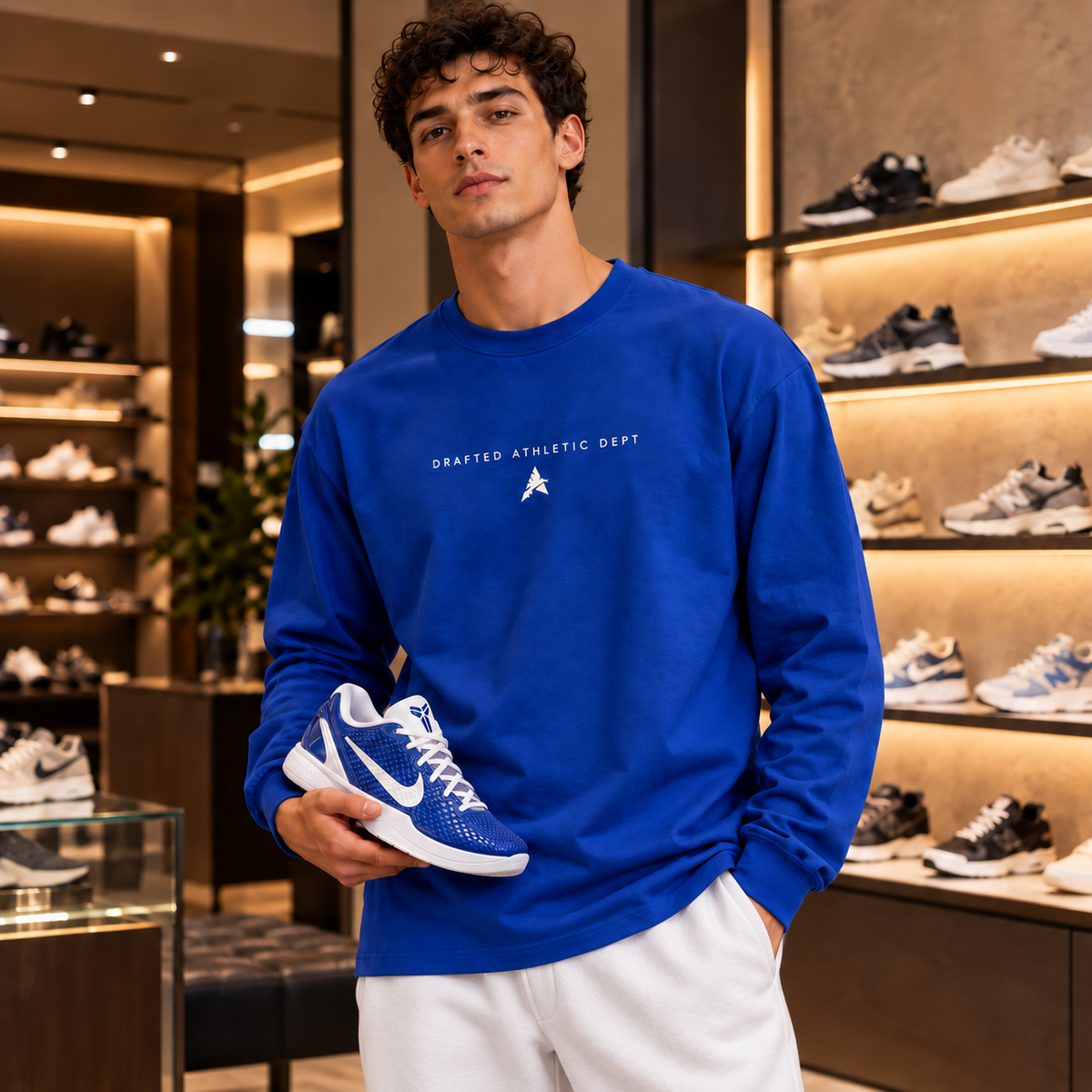 Royal blue Drafted Victory shirt with white relaxed sweatpants and blue-and-white Kobe sneakers