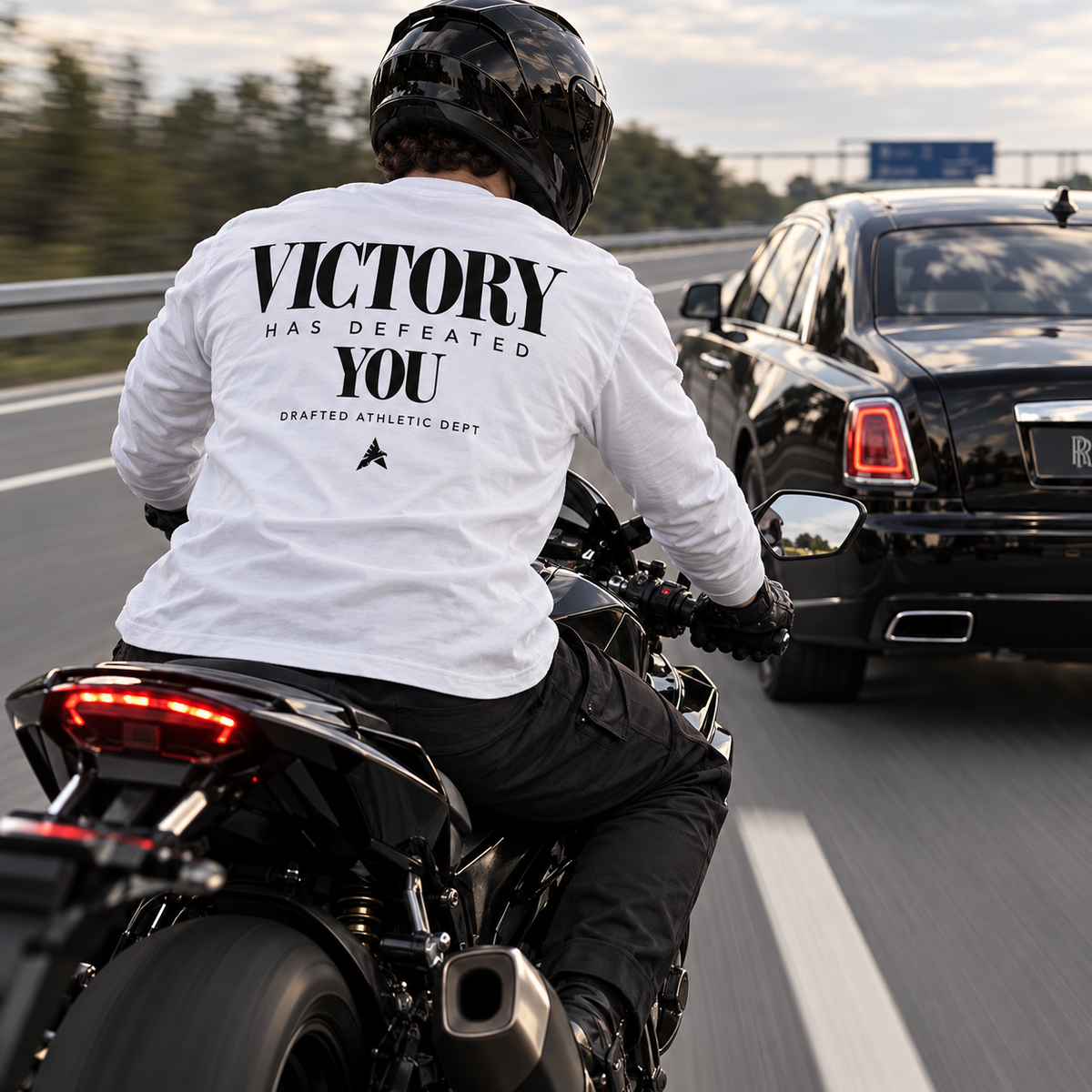 White Victory shirt motorcycle Autobahn campaign back view