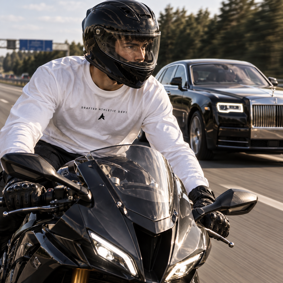 White Victory shirt motorcycle Autobahn campaign front view