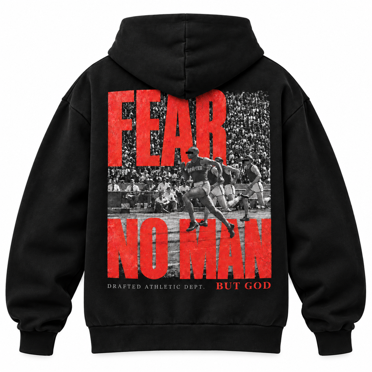 black Fear No Man heavyweight hoodie, back view, hoodie only