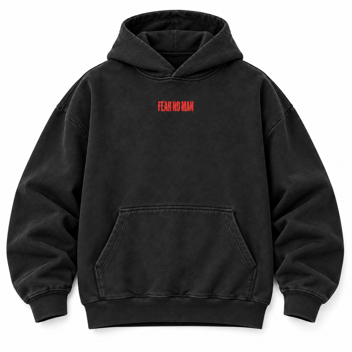 black Fear No Man heavyweight hoodie, front view, hoodie only