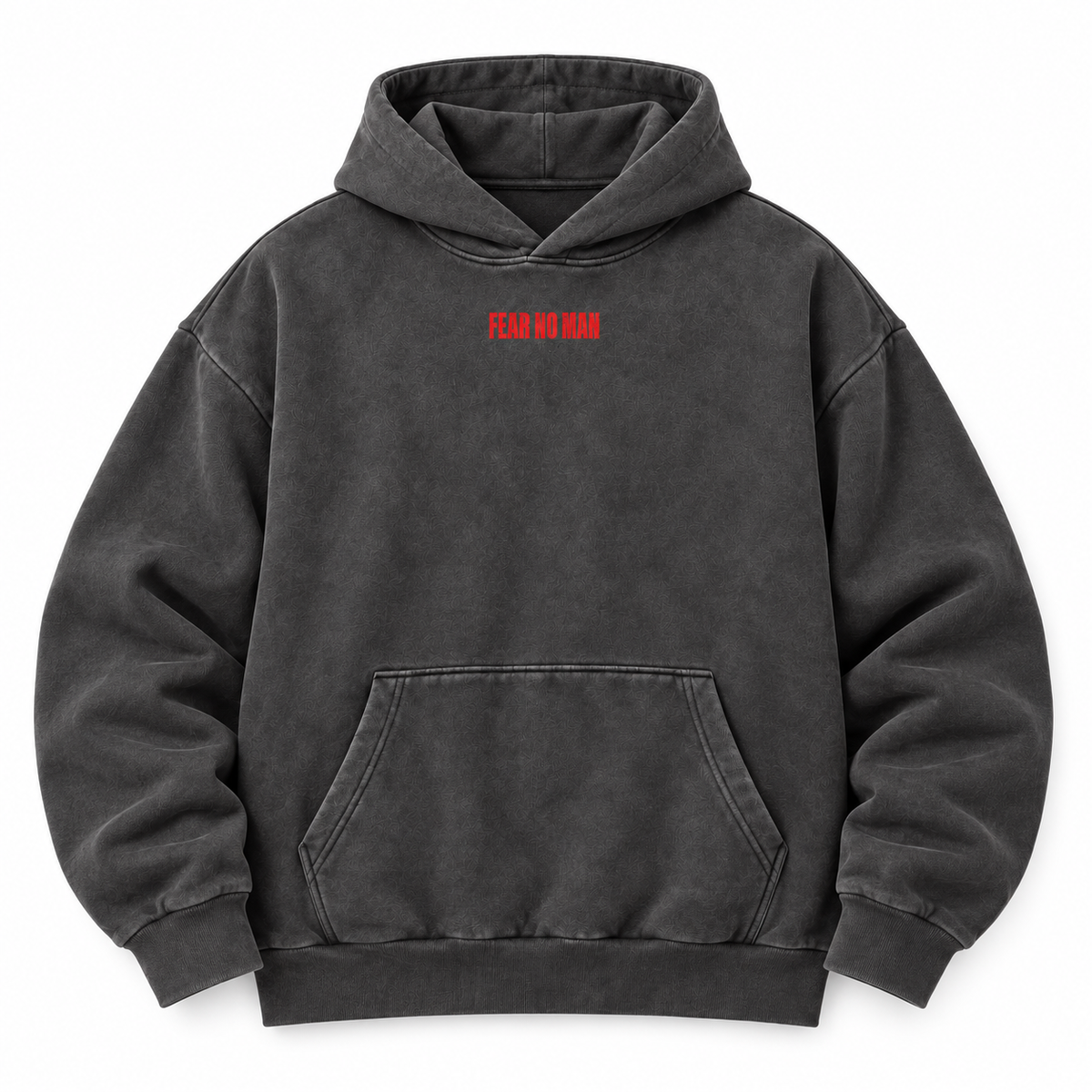 charcoal Fear No Man heavyweight hoodie, front view, hoodie only