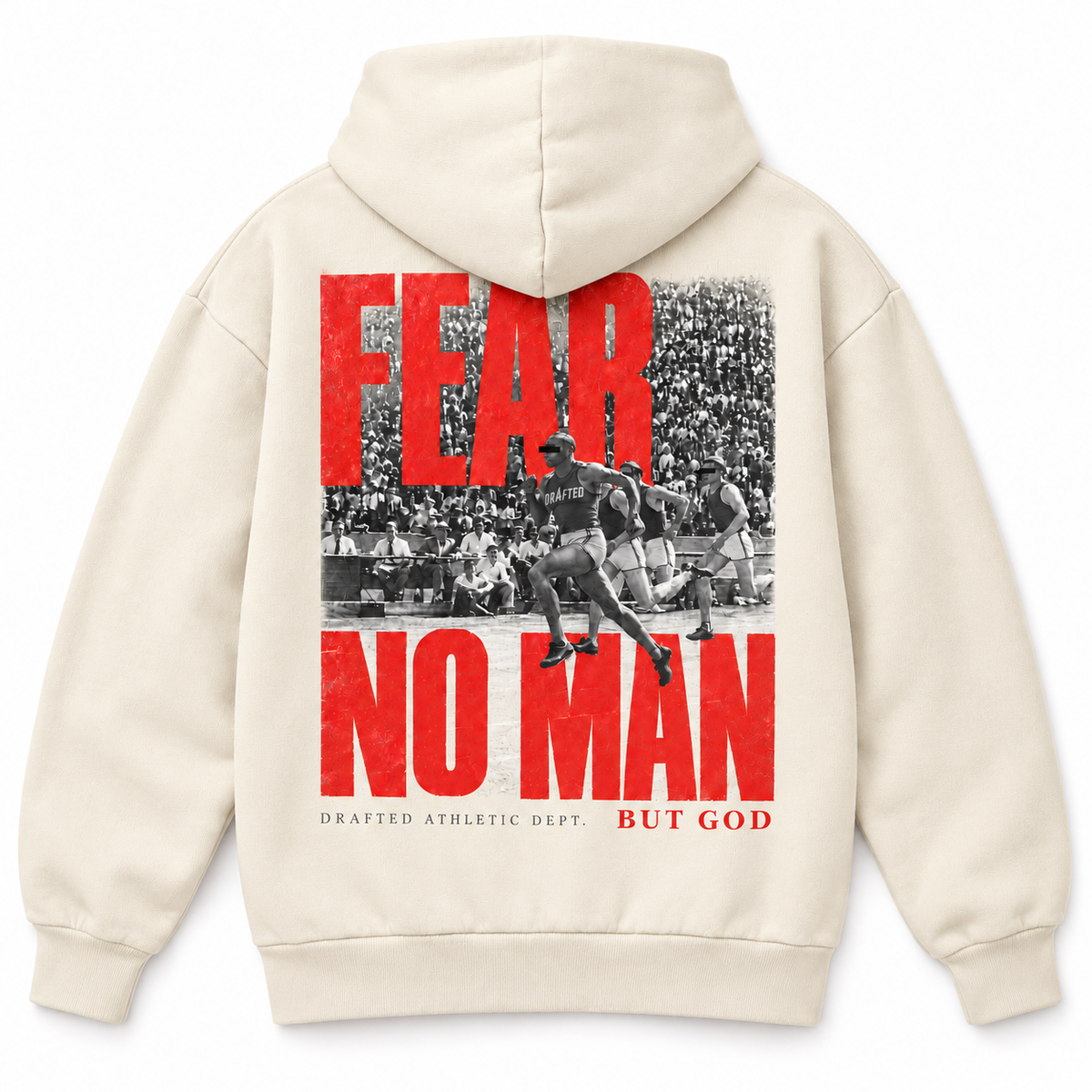 ivory Fear No Man heavyweight hoodie, back view, hoodie only