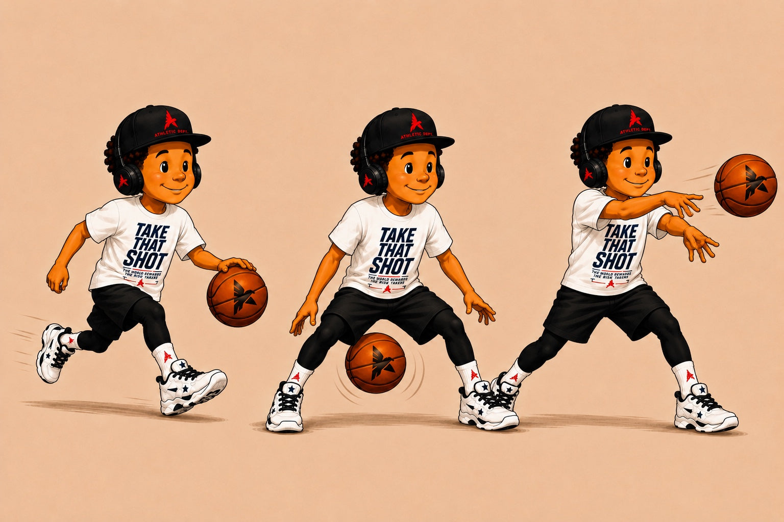 Three DRAFTED cartoon basketball players dribbling, defending and passing in Take That Shot apparel