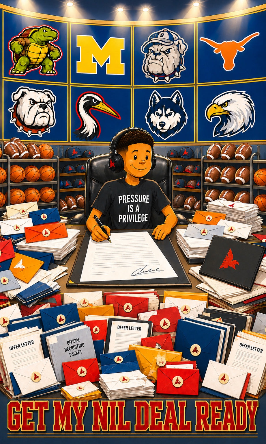 Prince surrounded by college offers in the Get My NIL Deal Ready cartoon