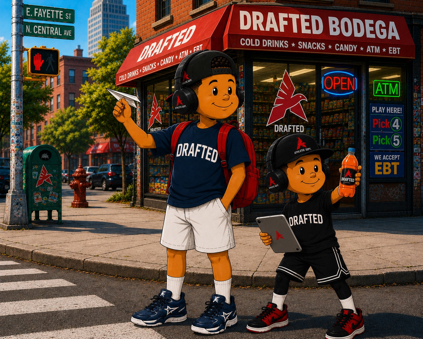 Prince and Boston outside the colorful Drafted Bodega