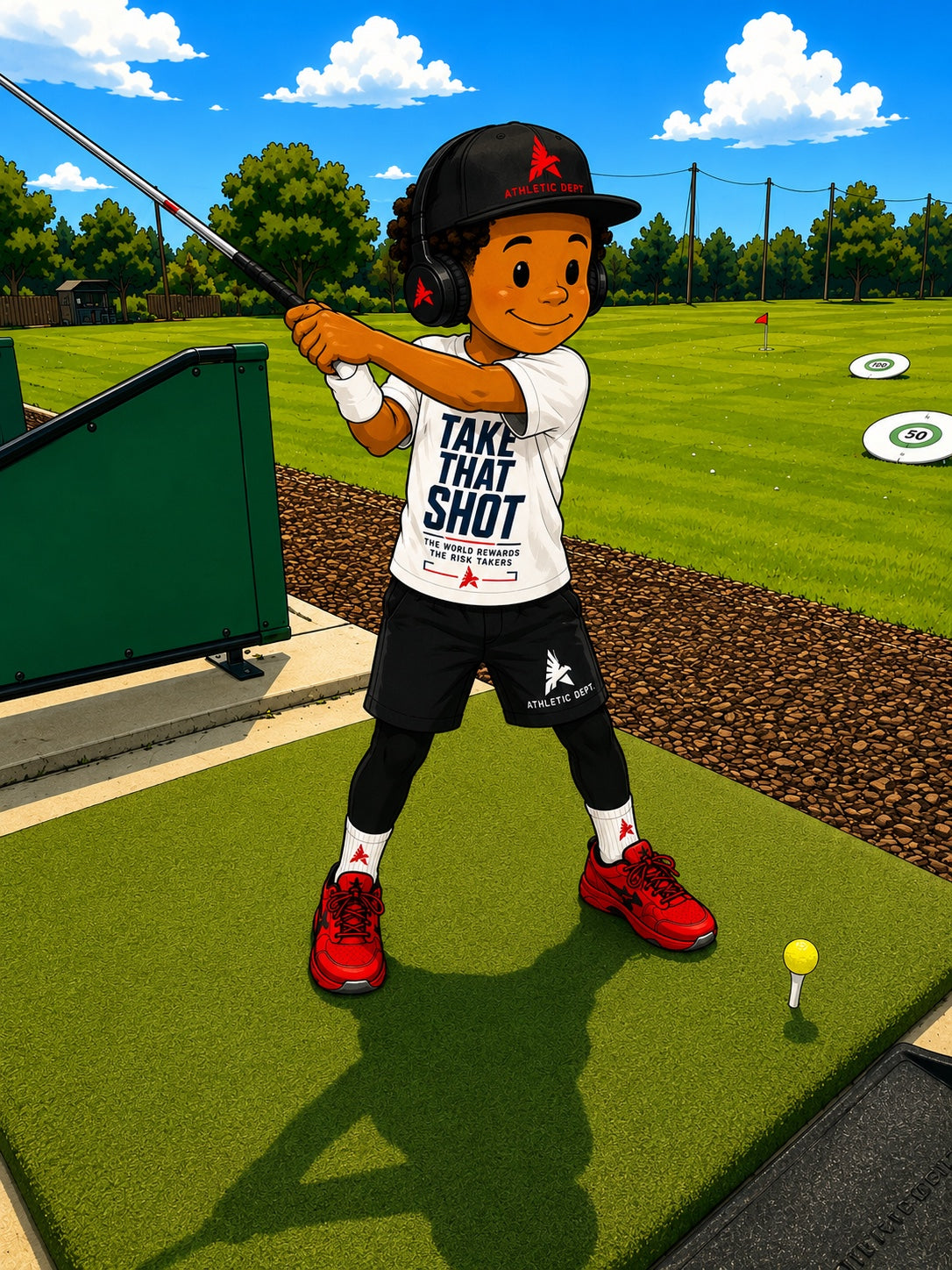 Boston taking a golf shot in Take That Shot apparel