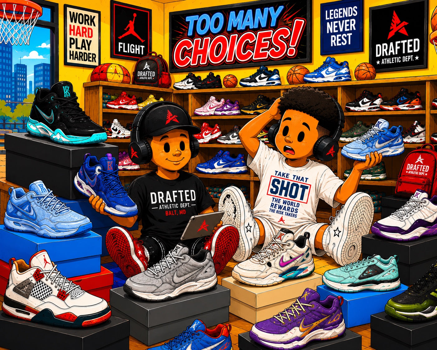 Prince and Boston surrounded by colorful sneakers in the Too Many Choices cartoon