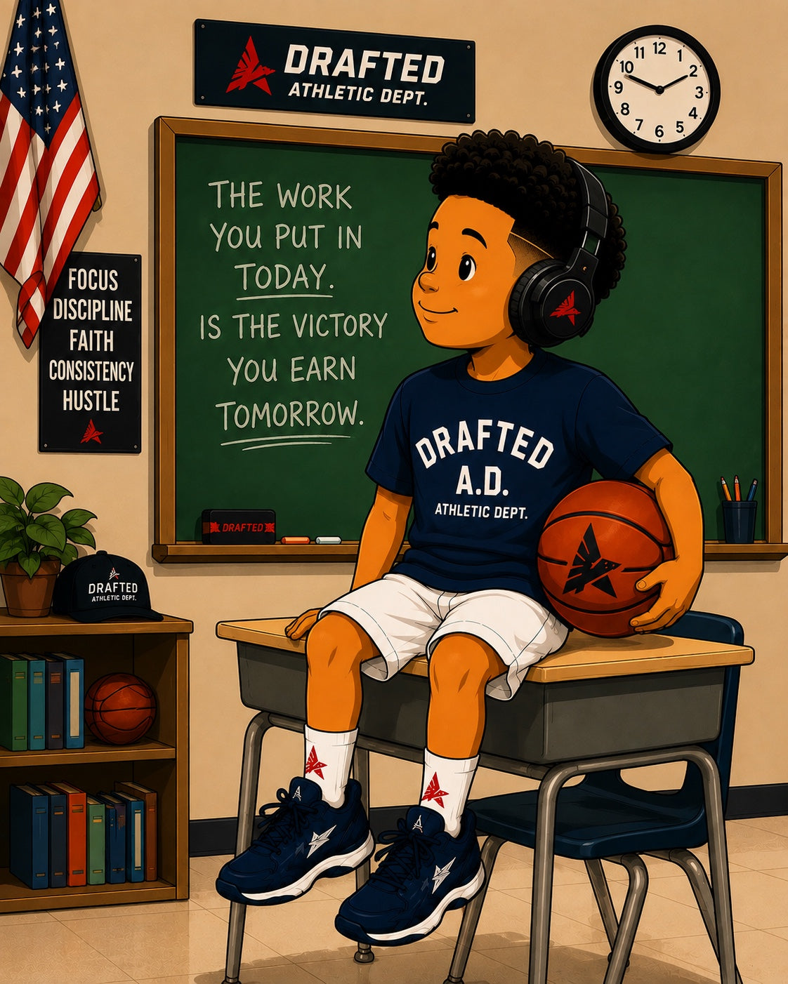 Prince in a classroom beside a chalkboard about putting in the work today
