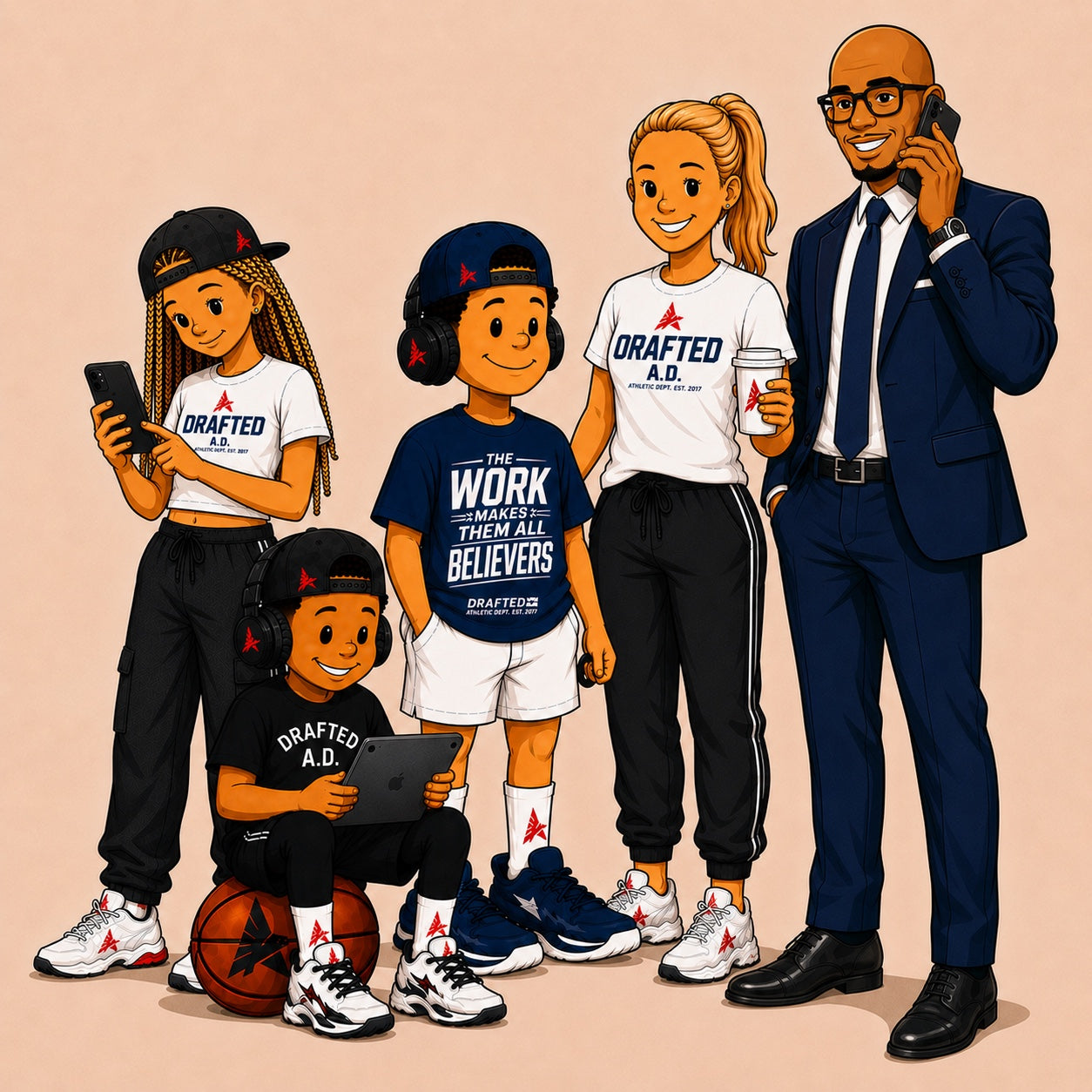 The Drafted family standing together in branded apparel