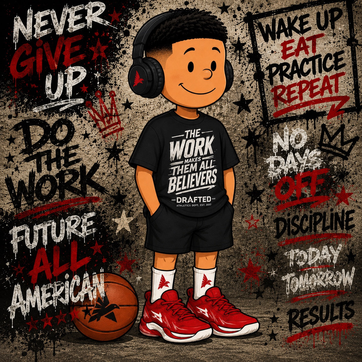 Prince with motivational Do the Work and Never Give Up lettering