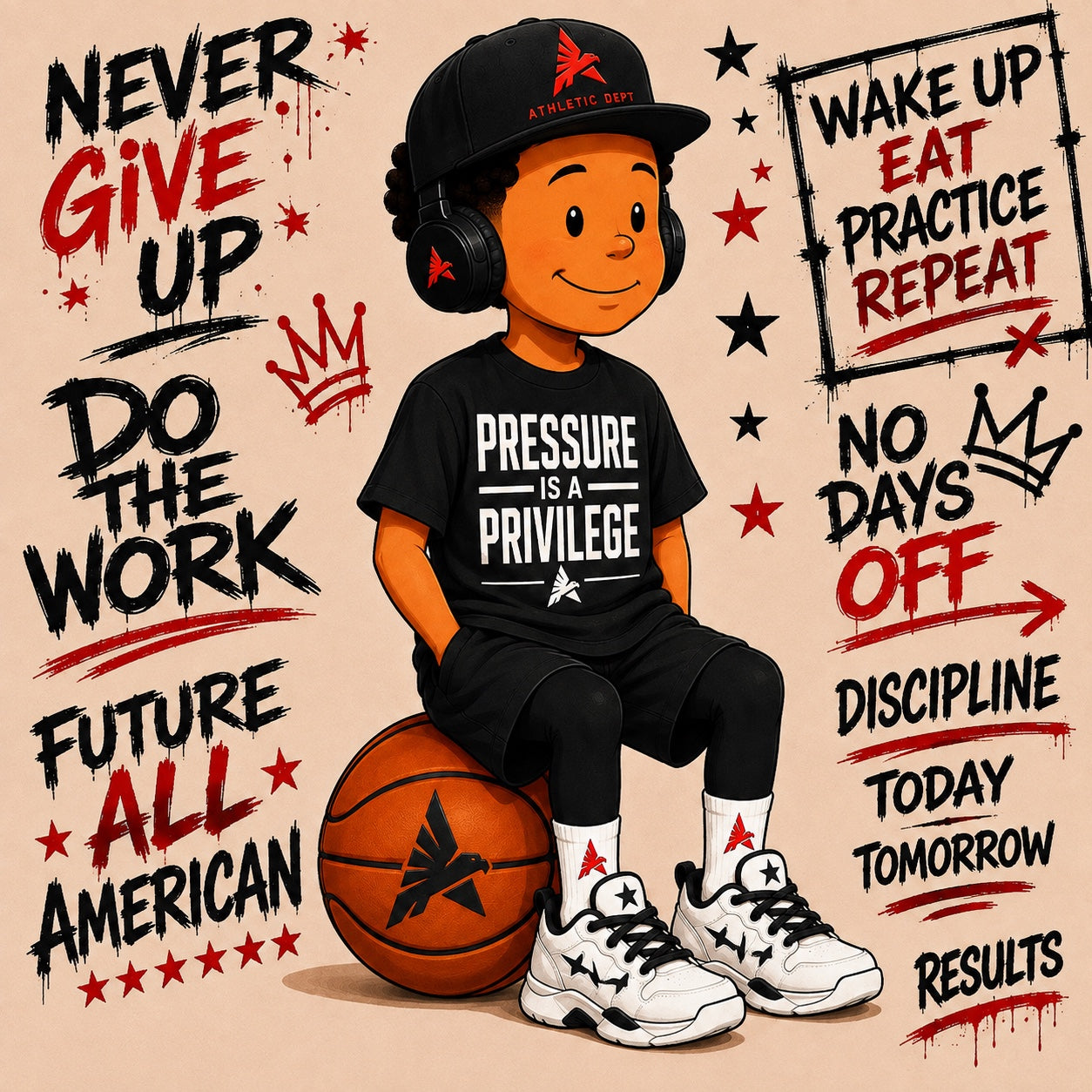 Boston sitting on a basketball beside Pressure Is a Privilege motivational lettering
